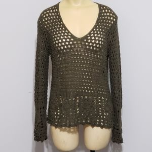 Olive Green V-Neck Open Knit Crochet Sweater